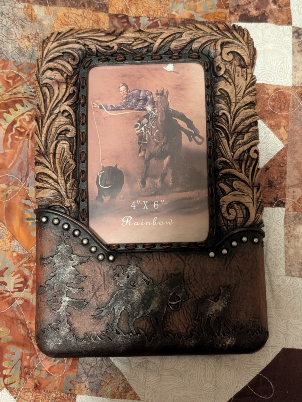 Rainbow Brown Embossed Leather Like Photo Frame with Stud Accents